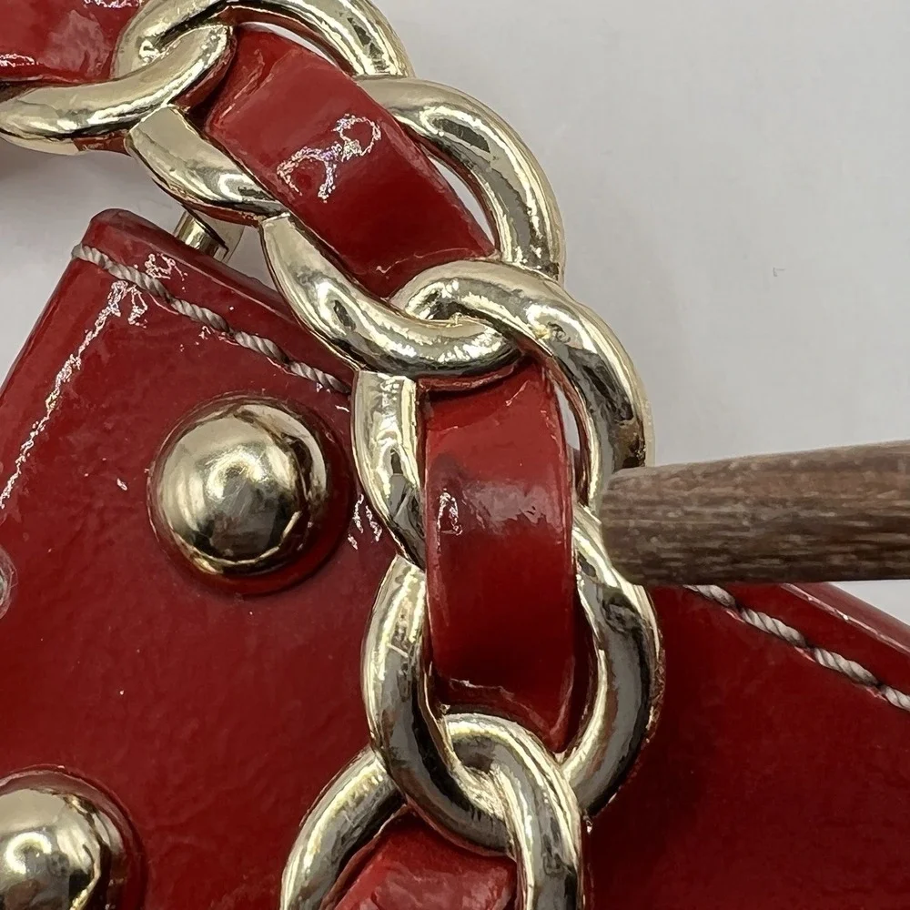 Kathy Van Zeeland Red Glossy Statement Belt S Chain Buckle Silver Hardware Y2K